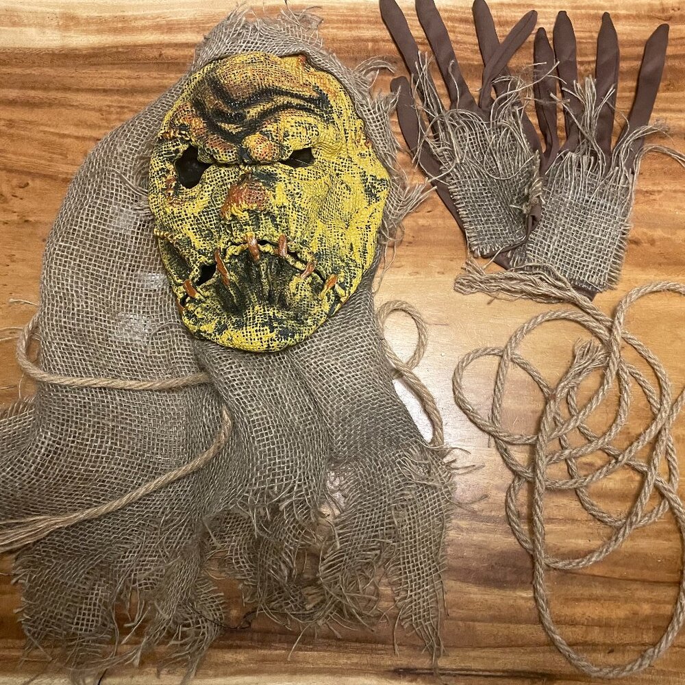 Scarecrow Halloween Mask Burlap Costume with Gloves Rope